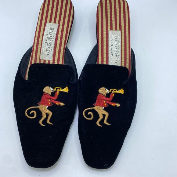 Amy Jo Gladstone Black Velvet Monkey Paying  Trumpet Slip On Mules Size Medium - Picture 1 of 13
